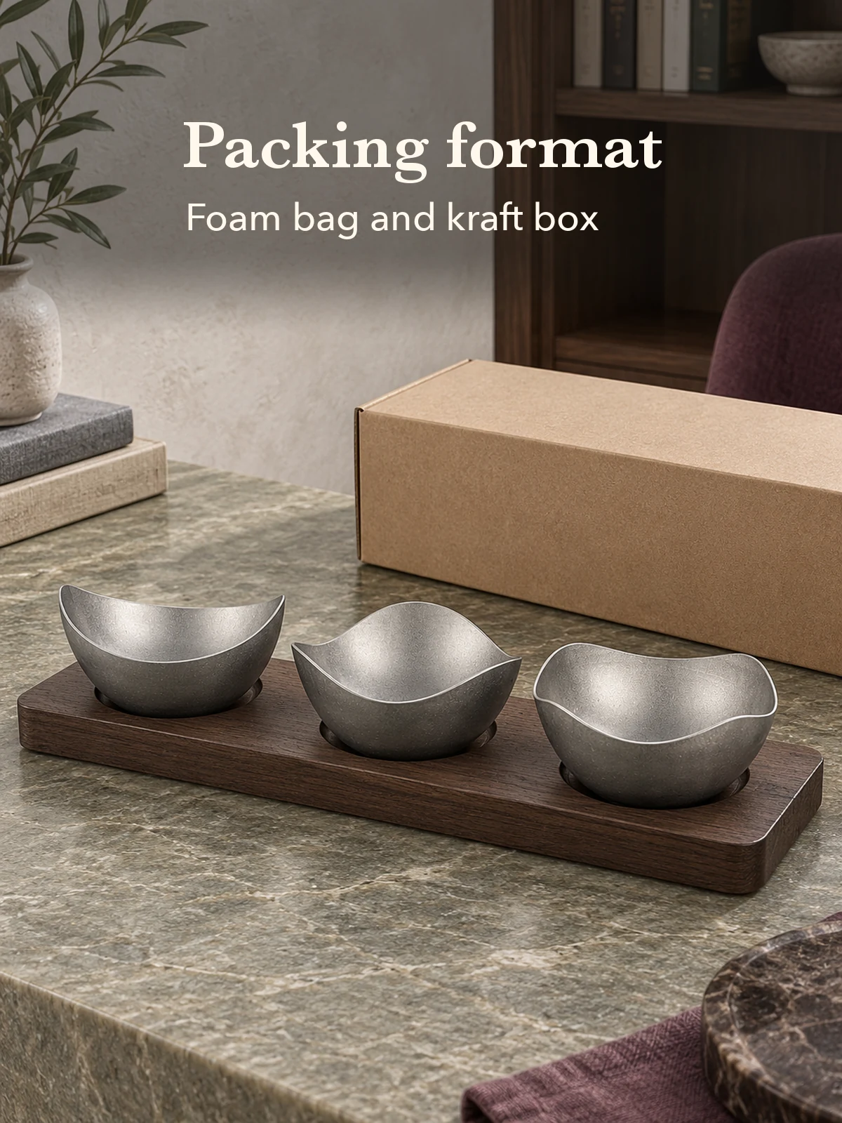 Set with a plain kraft box representing current packing