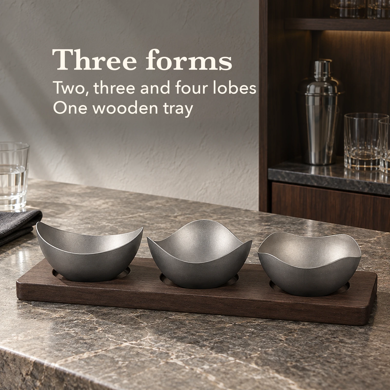 Vintage Snowflake-Gray Mixed-Lobe Nut Bowl Set with Wooden Tray view 2