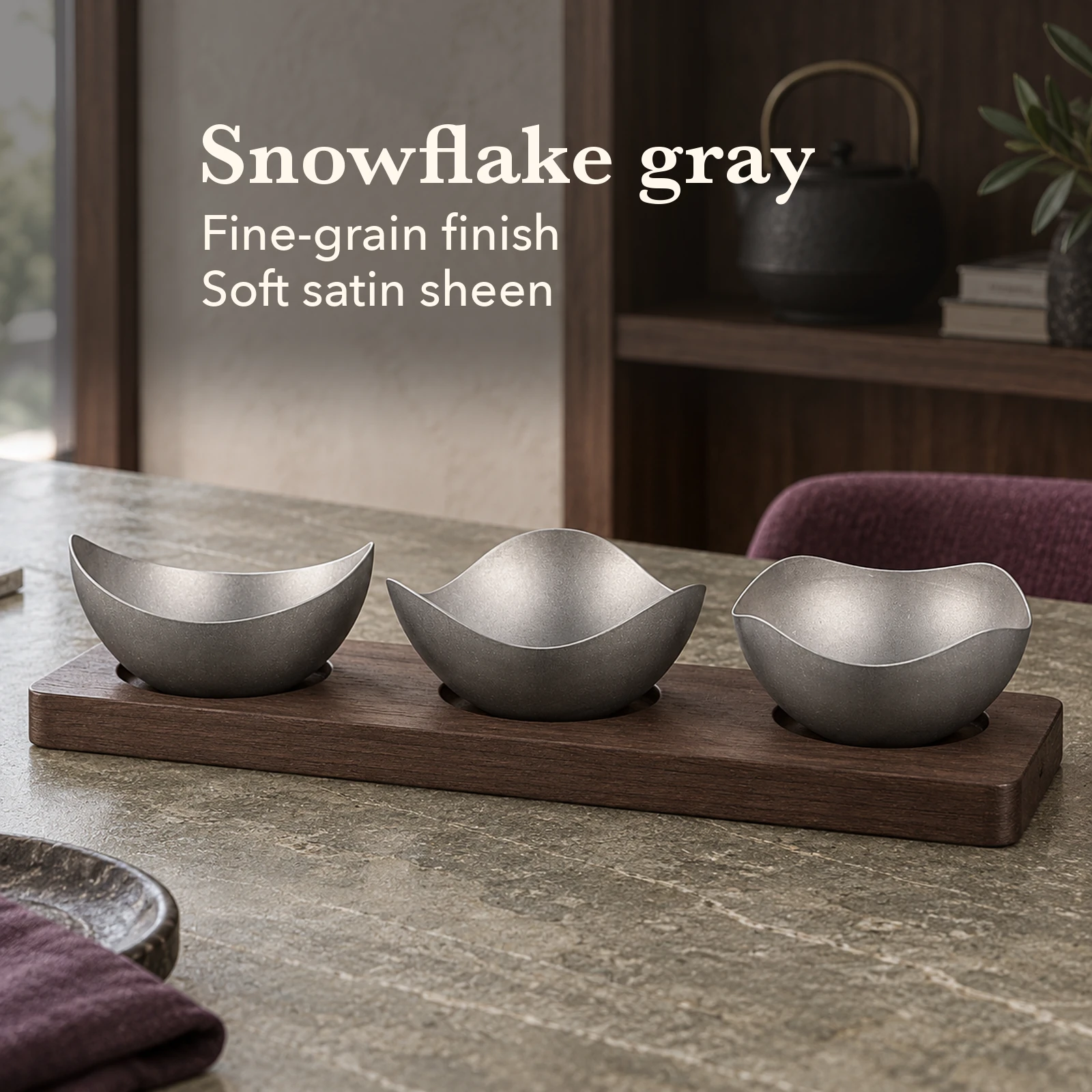 Vintage Snowflake-Gray Mixed-Lobe Nut Bowl Set with Wooden Tray view 6