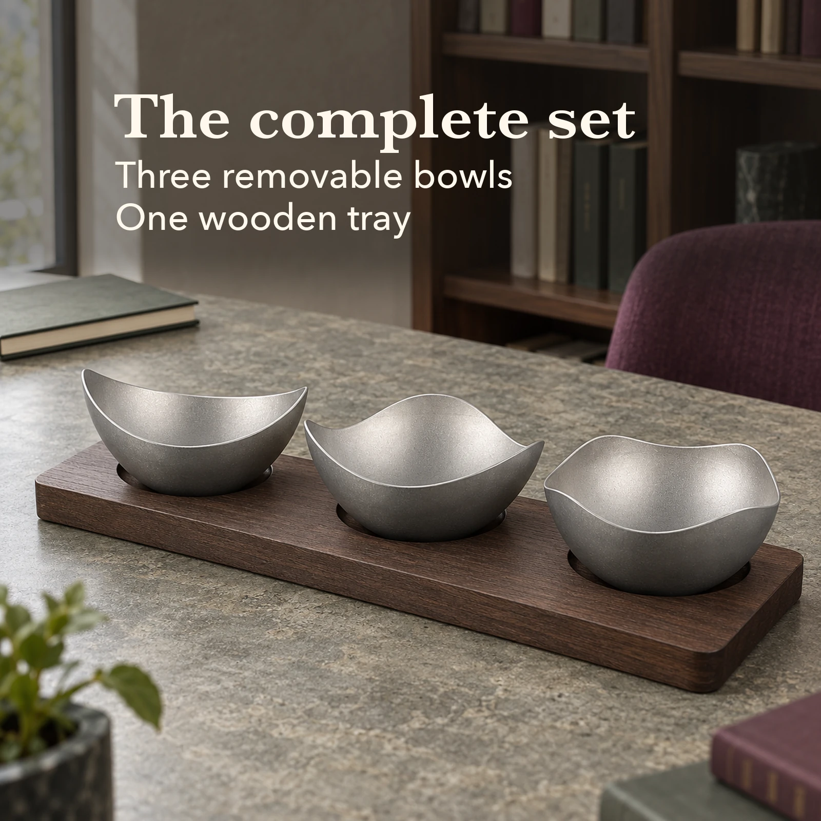 Vintage Snowflake-Gray Mixed-Lobe Nut Bowl Set with Wooden Tray view 7