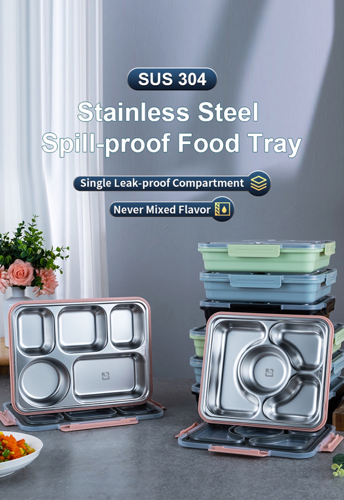 304 Stainless Steel Leak-Proof Compartment Food Tray