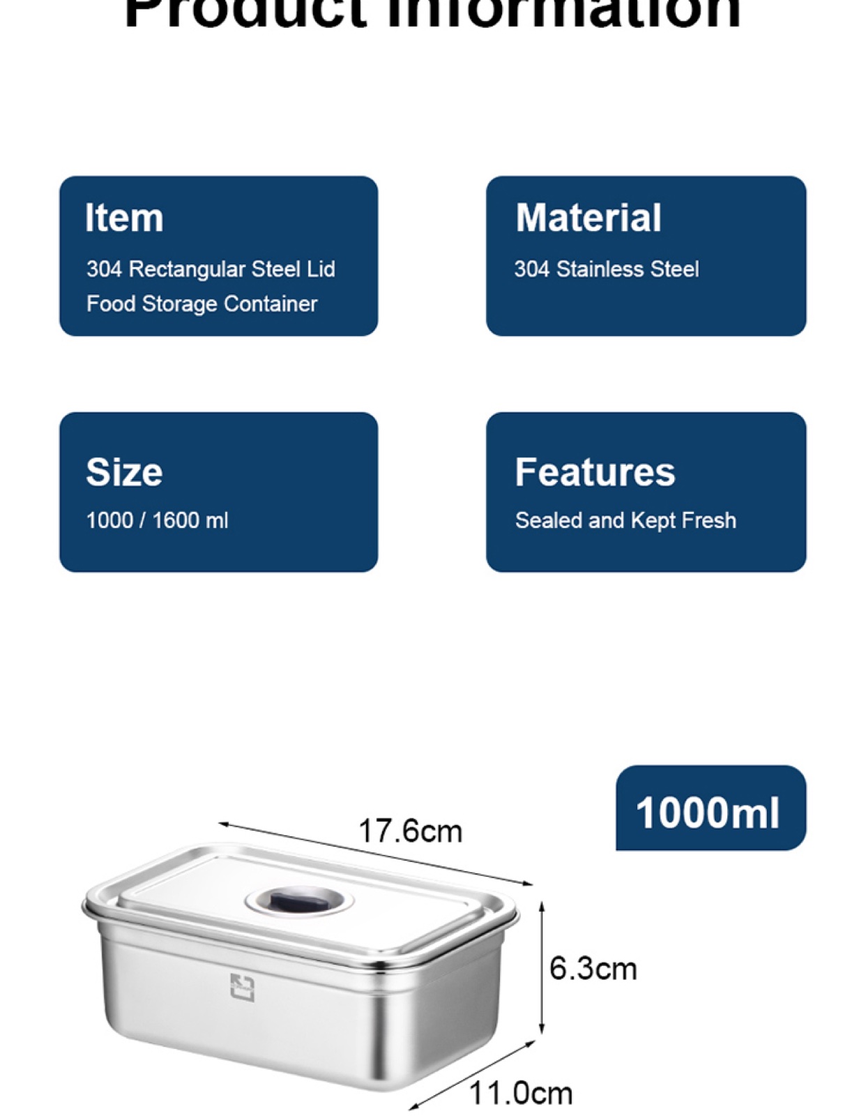 304 Stainless Steel Rectangular Food Container with Steel Lid