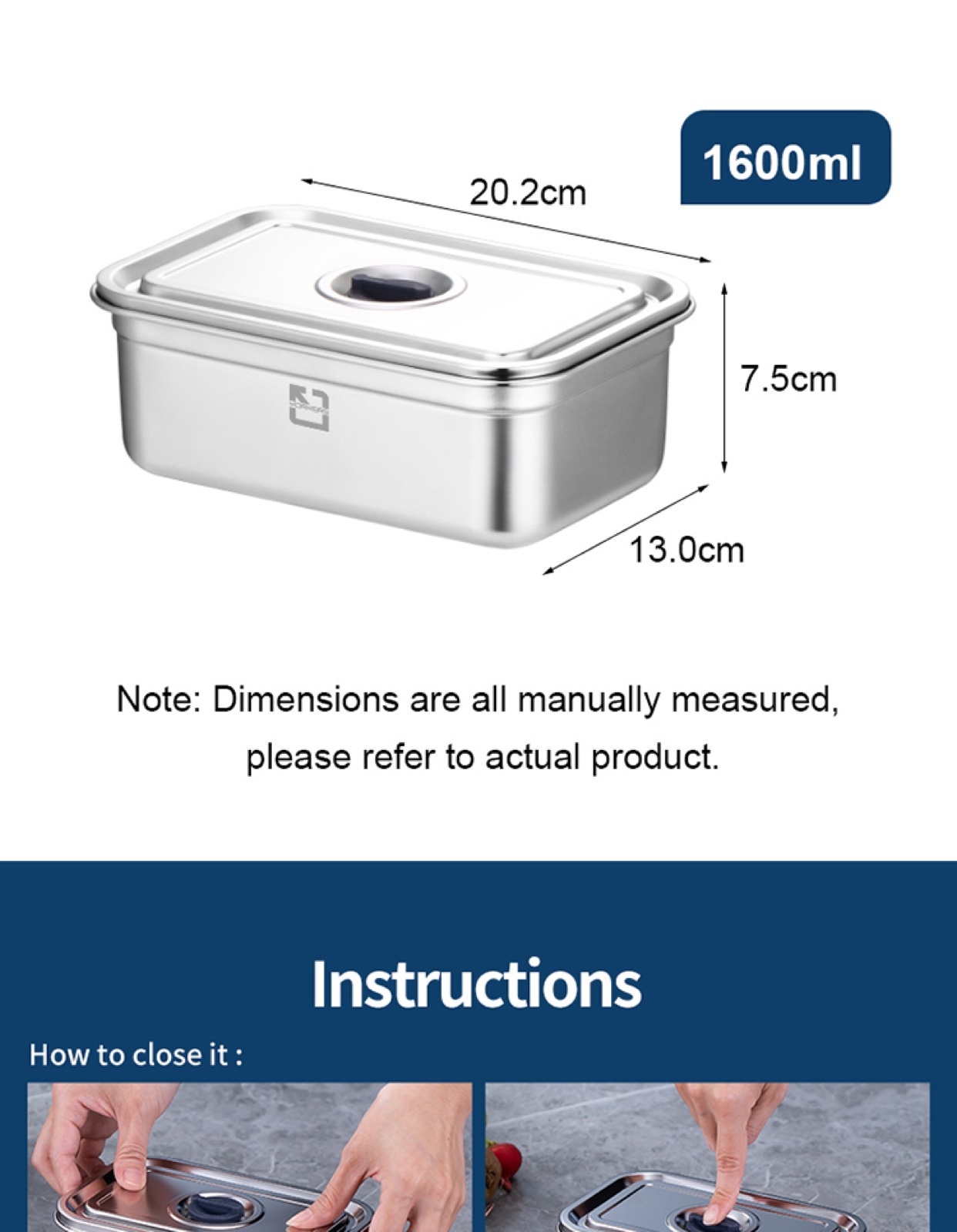 304 Stainless Steel Rectangular Food Container with Steel Lid