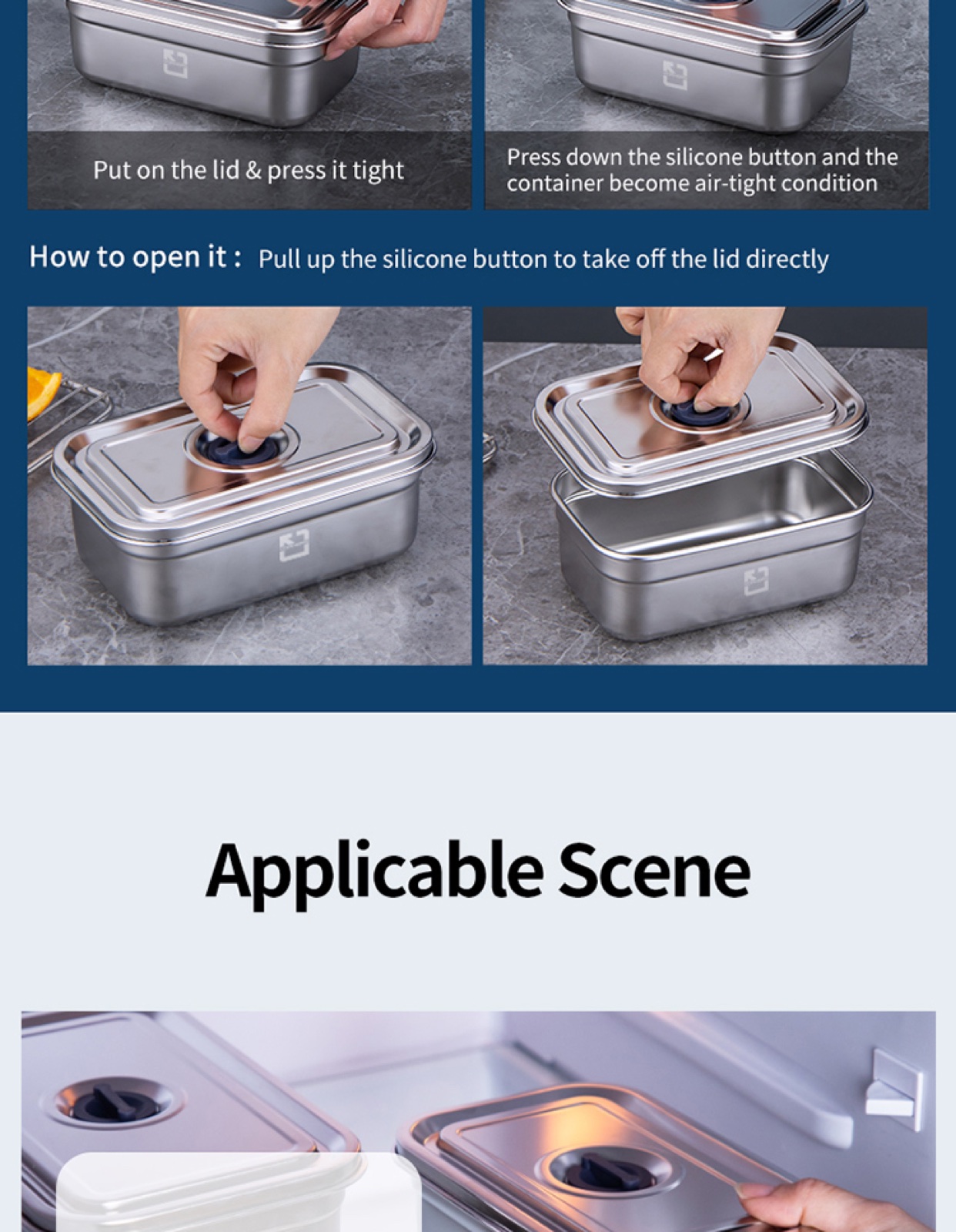 304 Stainless Steel Rectangular Food Container with Steel Lid