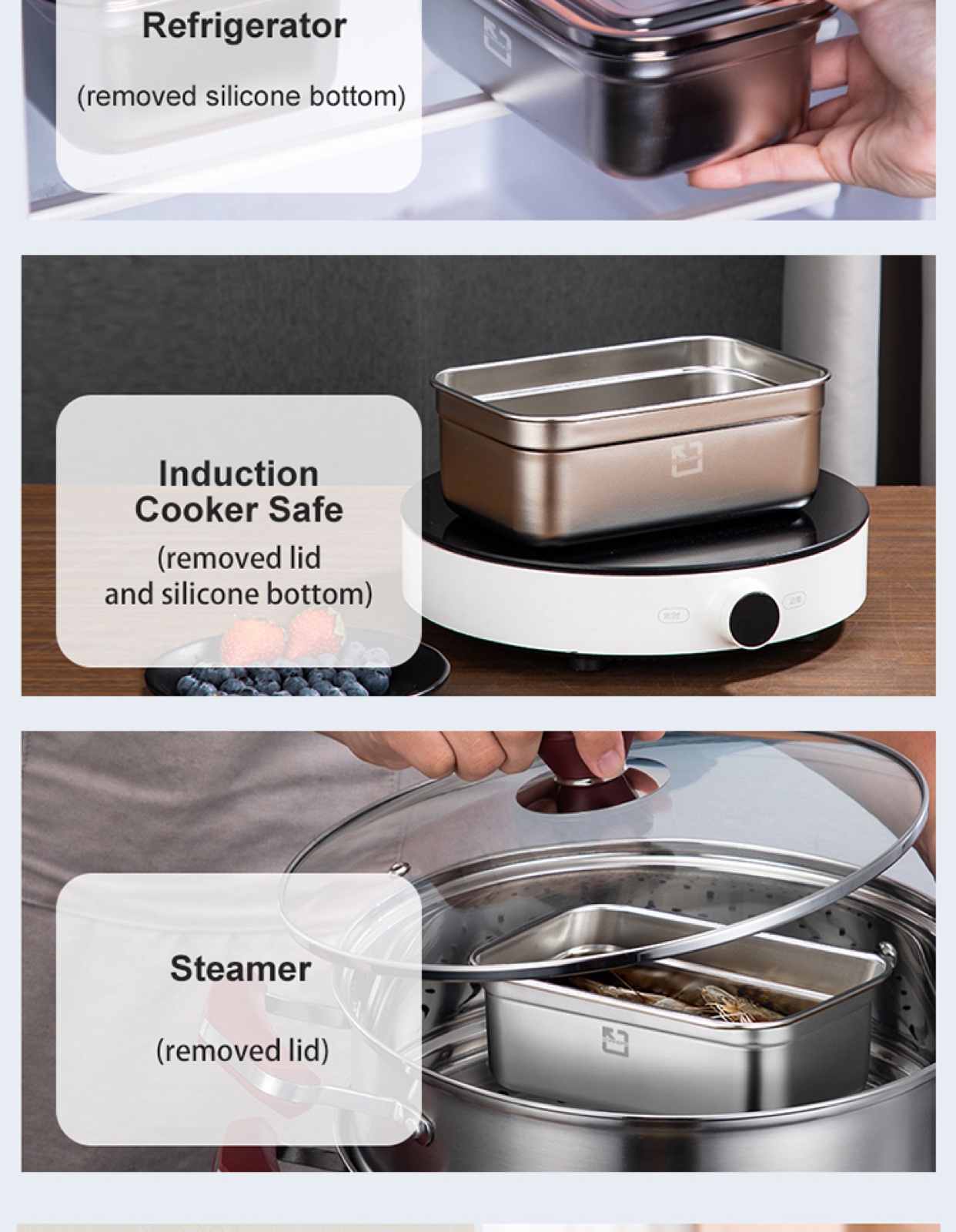 304 Stainless Steel Rectangular Food Container with Steel Lid