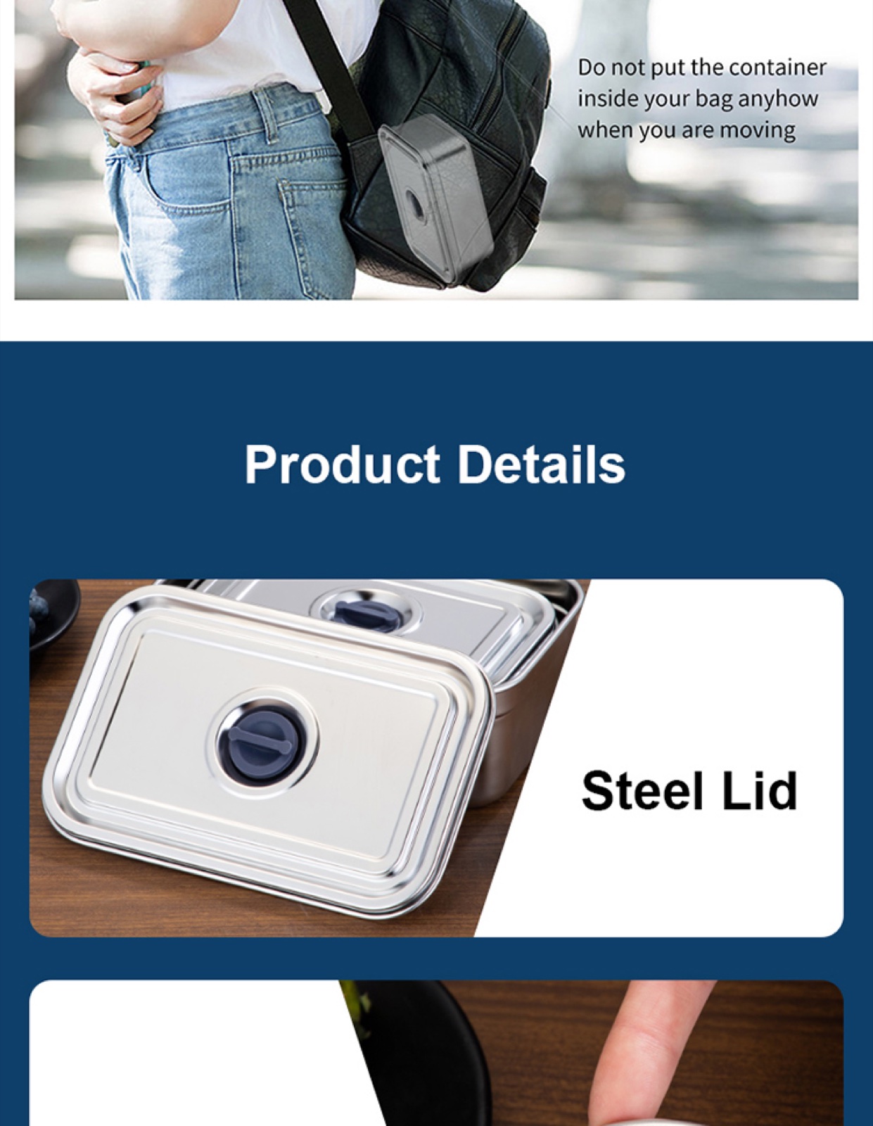 304 Stainless Steel Rectangular Food Container with Steel Lid