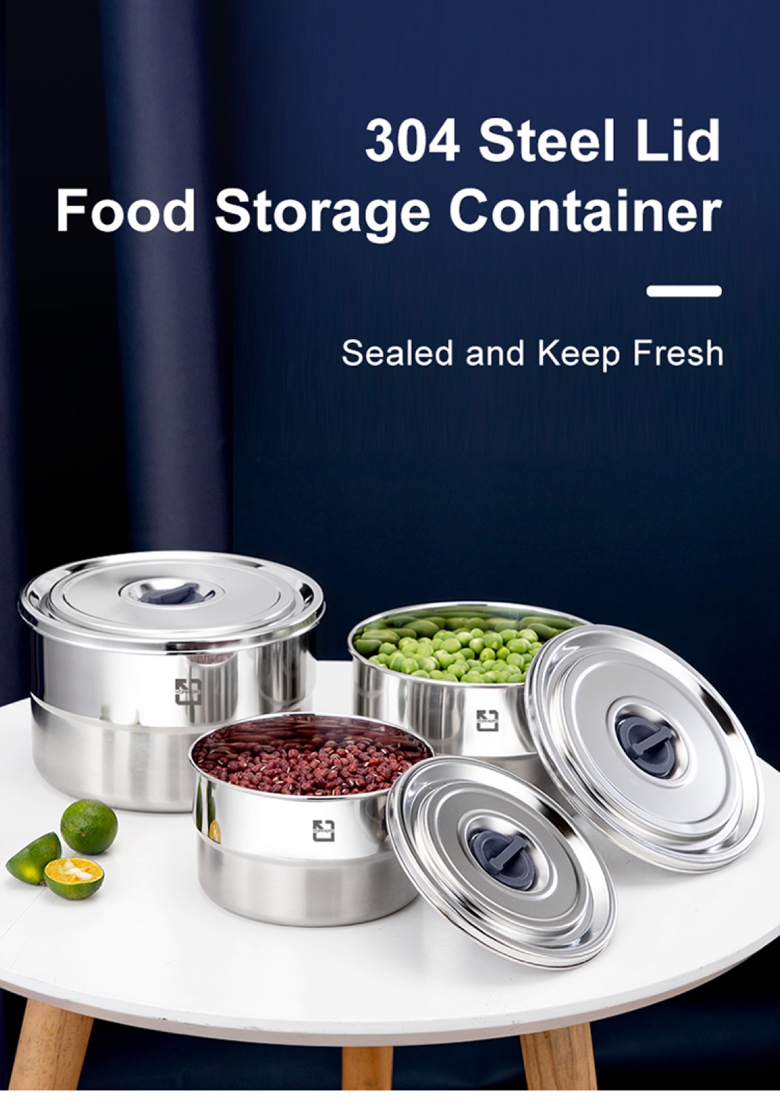 304 Stainless Steel Round Food Container with Steel Lid