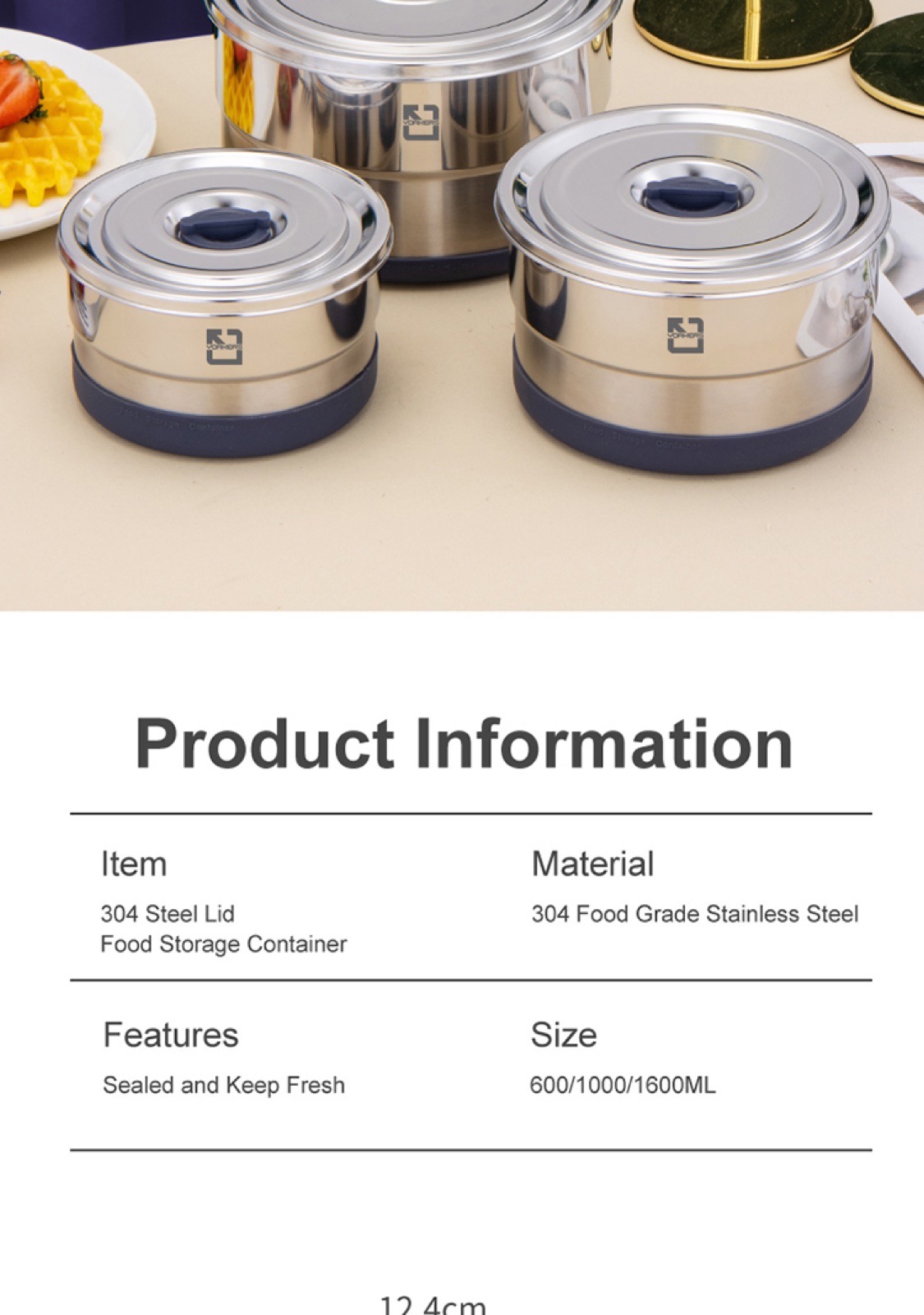 304 Stainless Steel Round Food Container with Steel Lid