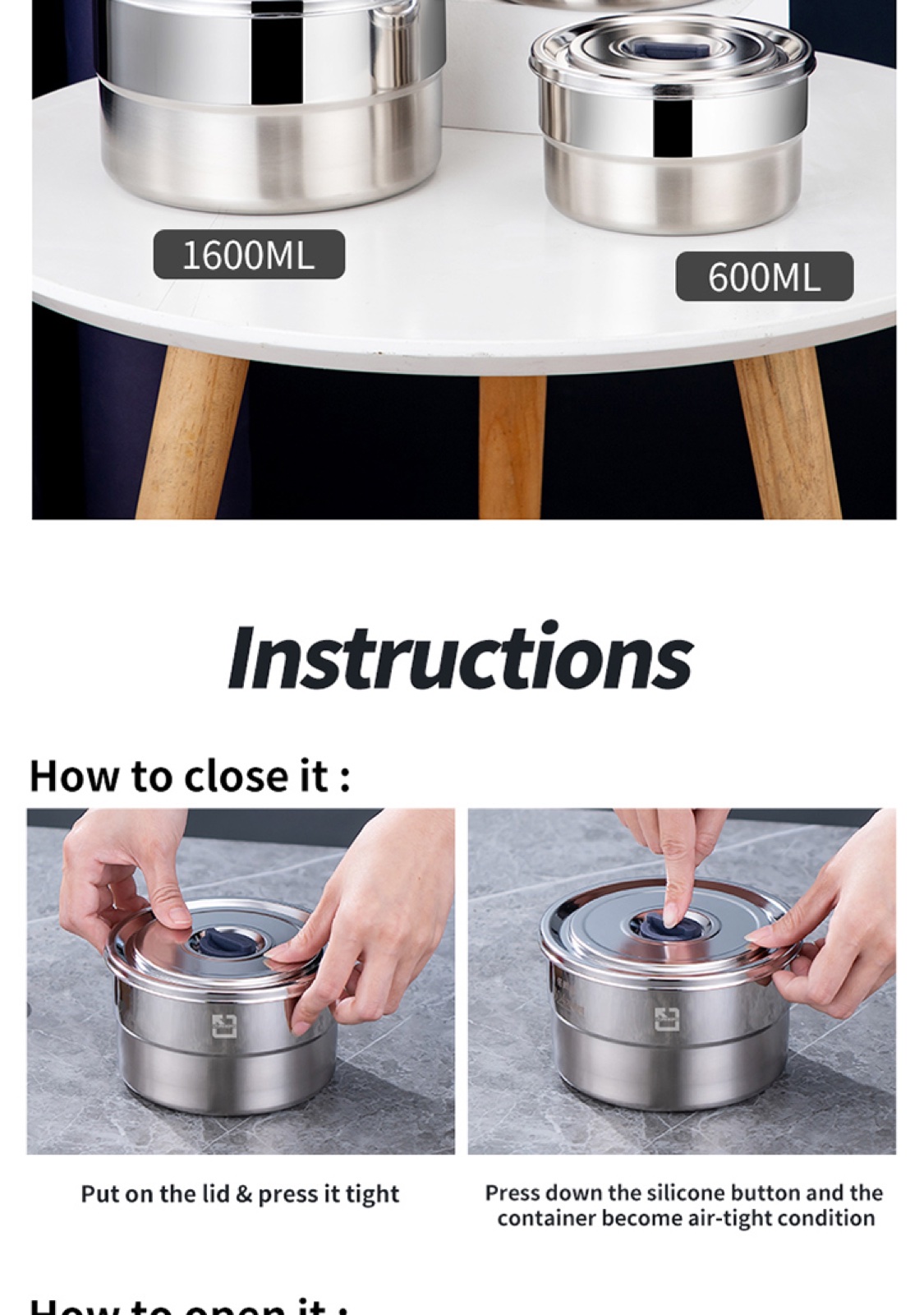 304 Stainless Steel Round Food Container with Steel Lid