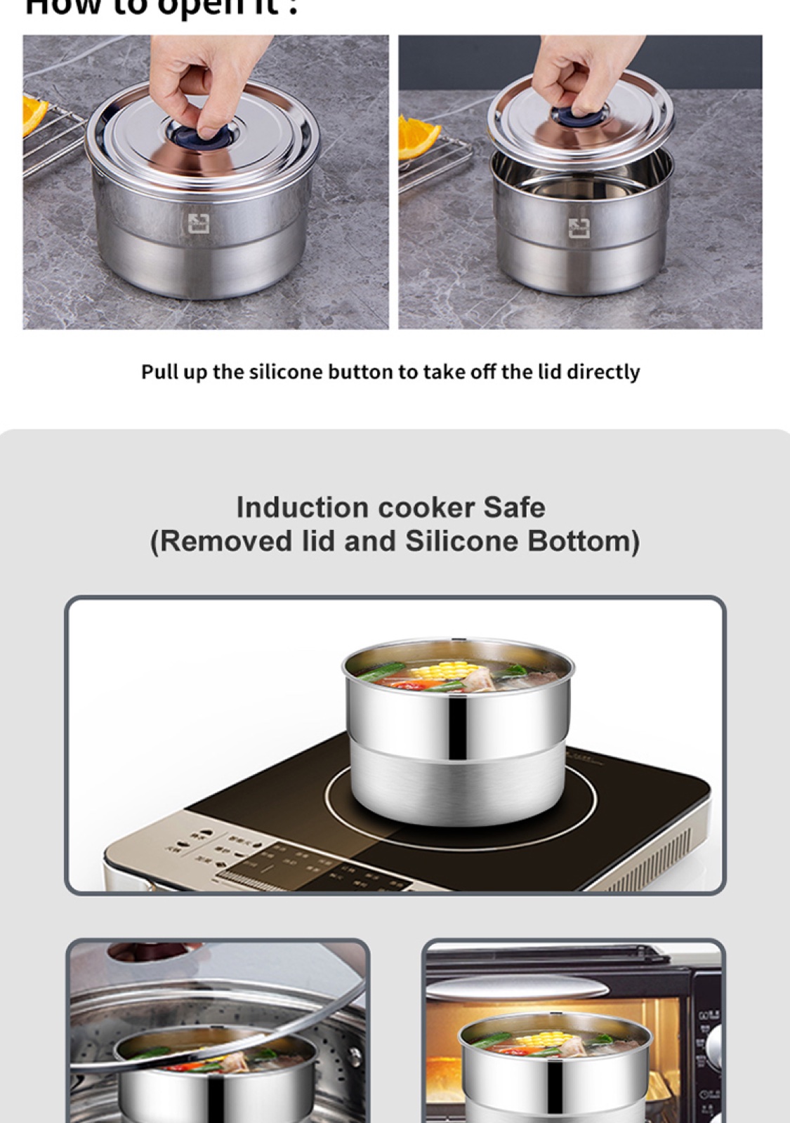 304 Stainless Steel Round Food Container with Steel Lid