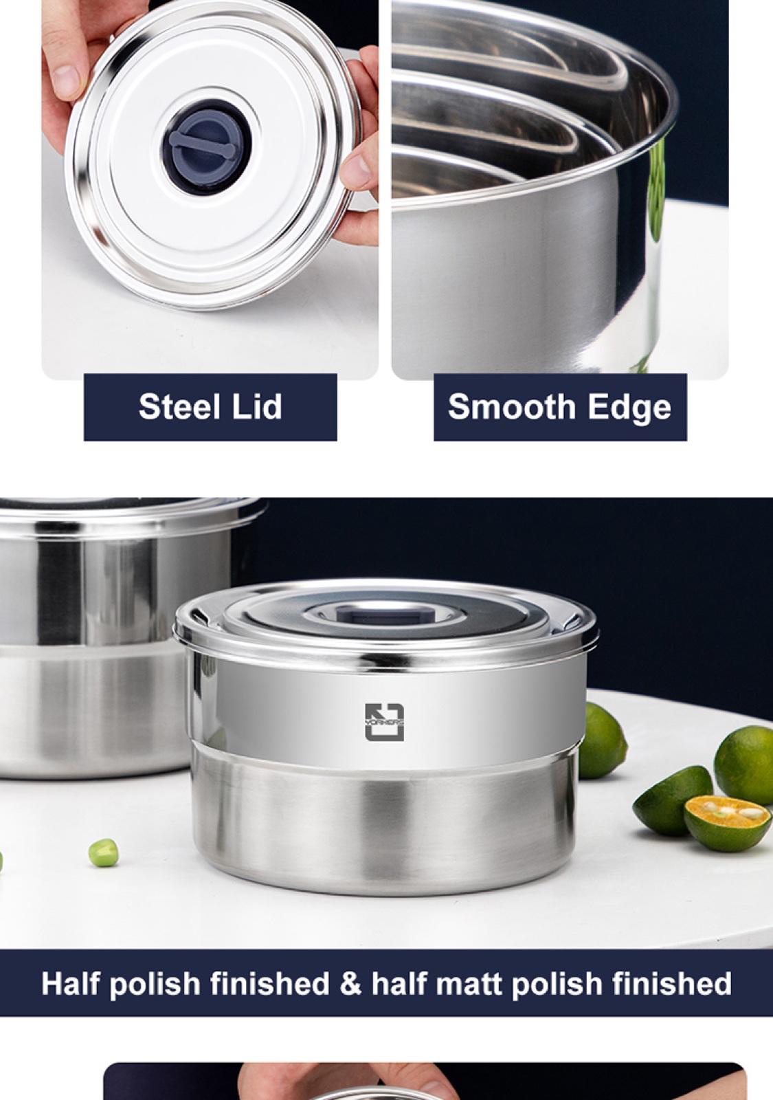 304 Stainless Steel Round Food Container with Steel Lid