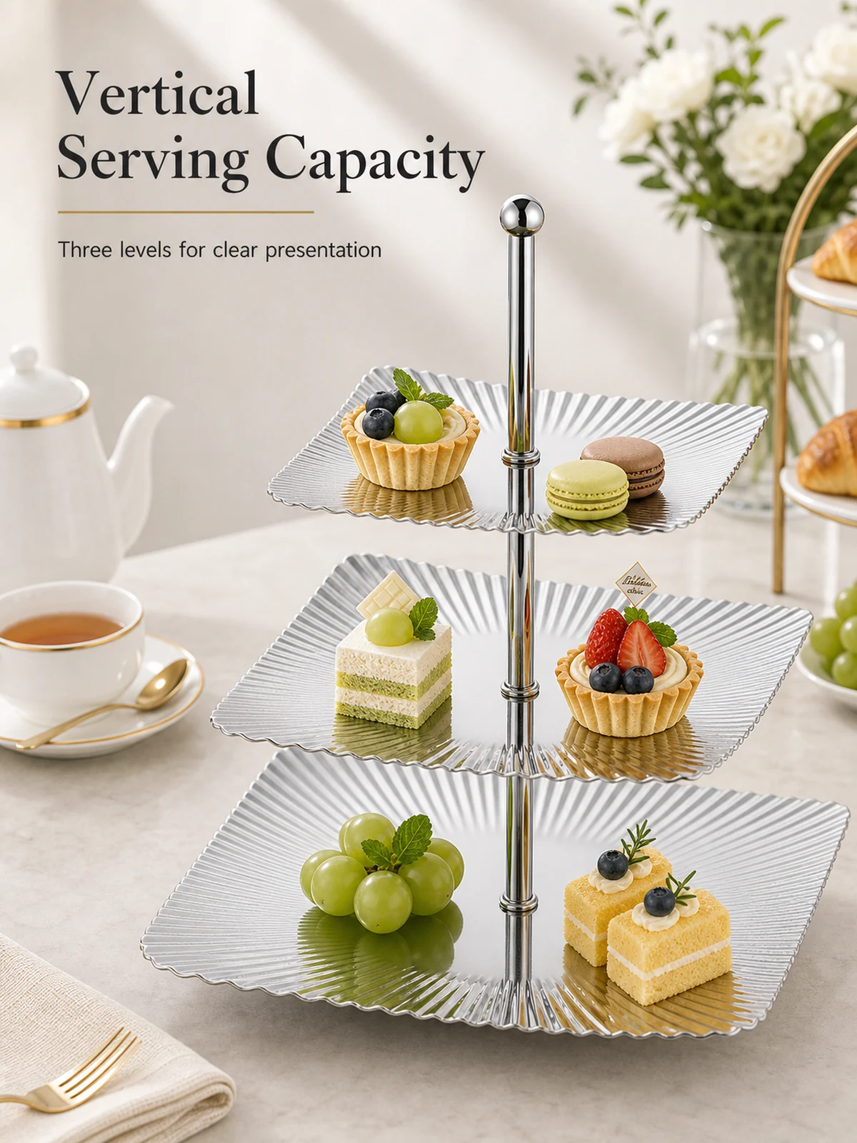 Capacidad de servicio de tres niveles para fruta y postres
